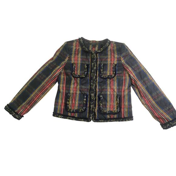 J Crew Quilted Blazer Jacket Tartan Plaid Black Green Size 4 RARE Office Classic - Picture 1 of 14